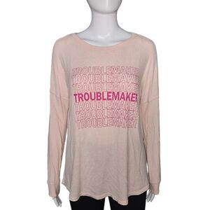 FREE PRESS "Troublemaker" Graphic Pink Long Sleeve Tee Lightweight Sweater Sz S